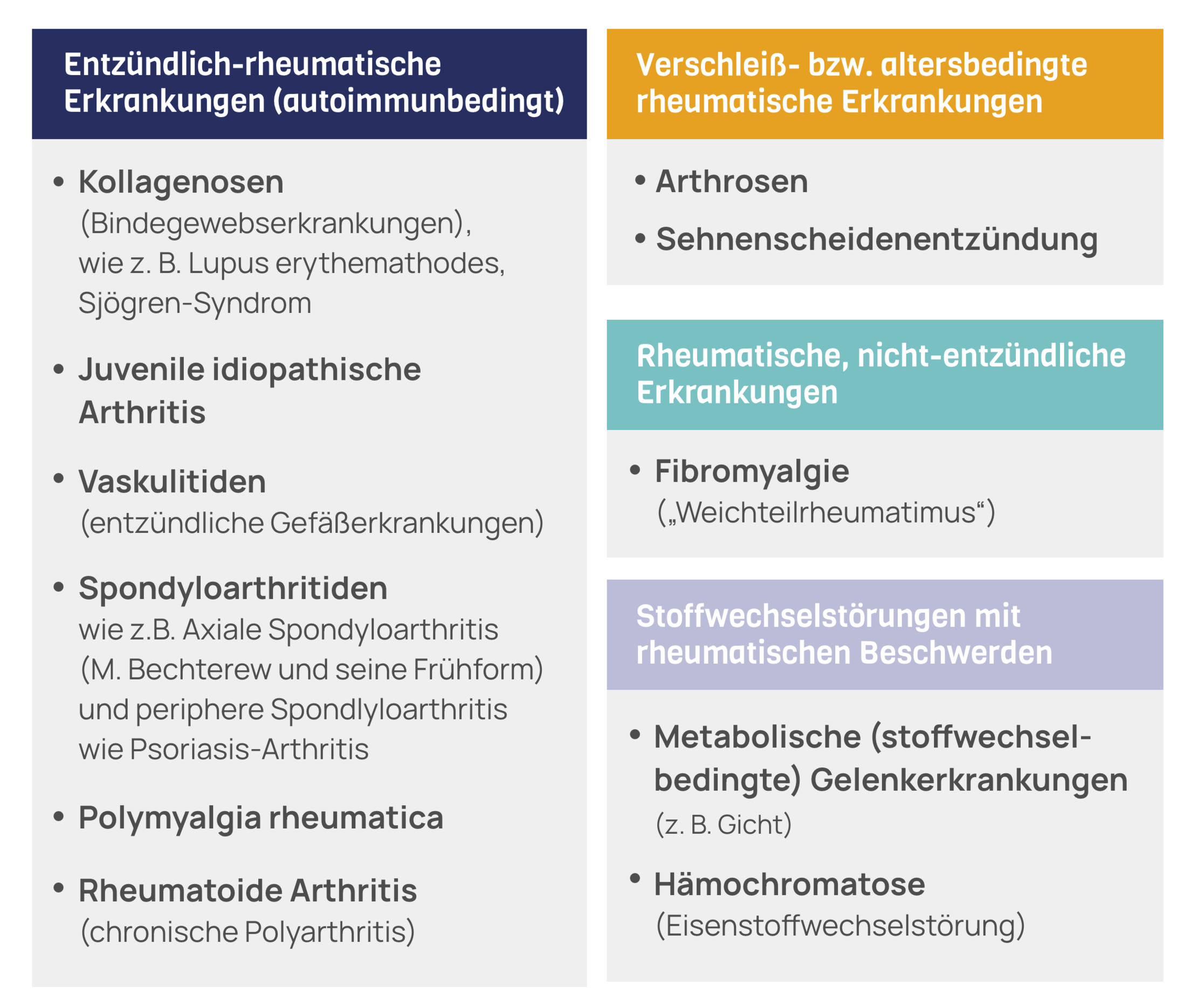 Ratgeber Rheuma: Tabelle verschiedener Rheumaerkrankungen