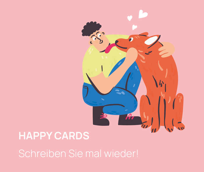 Teaser zu Happy Cards: Illustration eines Mannes der seinen Hund streichelt