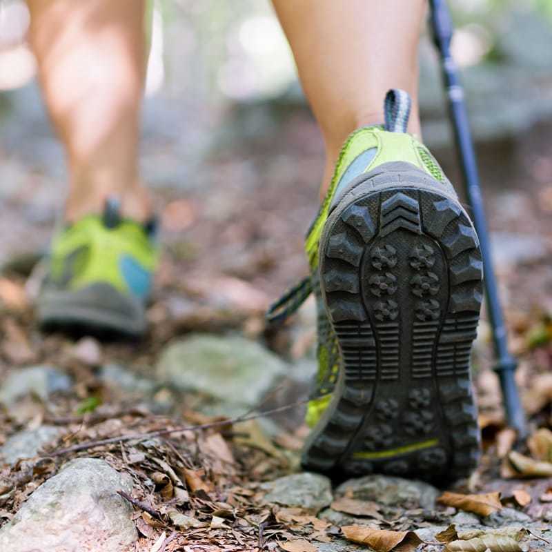 Ratgeber Rheuma: Füße in profilierten Sportschuhen und ein Nordic-Walking-Stock auf einem unwegsamen Gelände
