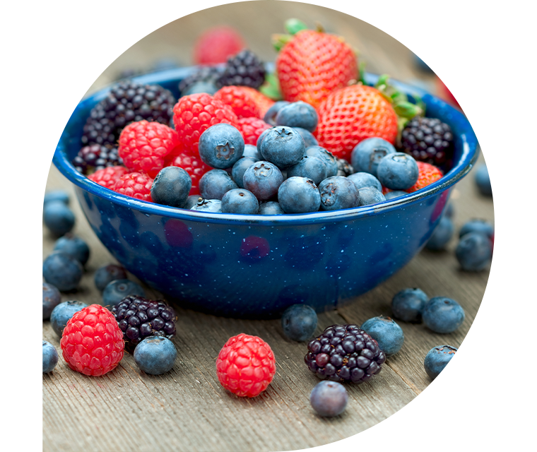 Ein Schaale mit frischen Himbeeren, Brombeeren und Heidelbeeren