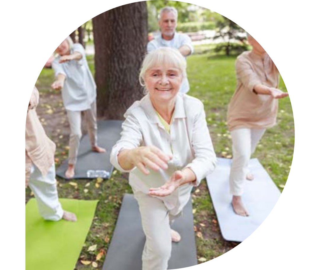 Fröhliche ältere Menschen, die Qigong im Park praktizieren Eine Gruppe beim Qigong-Training in einem Park