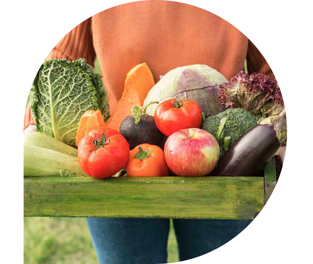 Eine Frau trägt ein Tablett mit Gemüse.