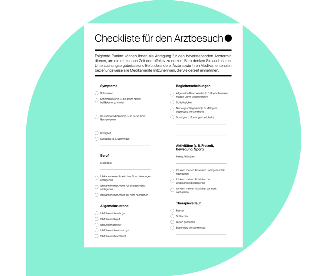 Ratgeber Rheuma: Checkliste für den Arztbesuch Abbildung einer Checkliste für den Arztbesuch. Auf dieser können etwa die Symptome, Begleiterscheinungen und der Allgemeinzustand eingetragen werden.